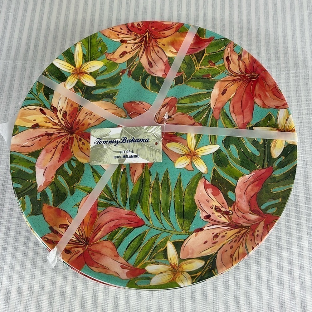 Tommy Bahama Melamine Salad Plates 8" Hibiscus Tropical Flowers Set Of 4 NEW